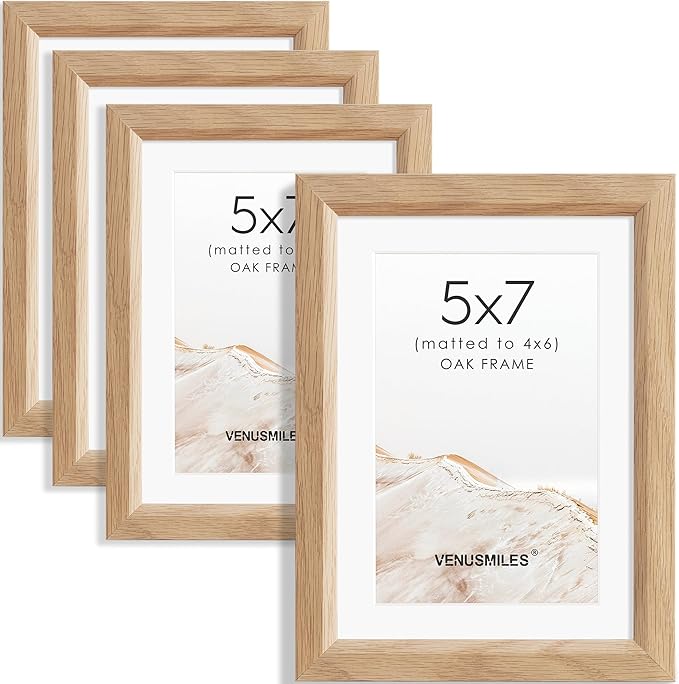 5x7 Picture Frame Set of 4 Natural Solid Oak Photo Frames with 4x6 Removable Mat Wall Hanging Large Handcrafted Frame with HD Plexiglass Wall and Tabletop Display Large Poster Frame