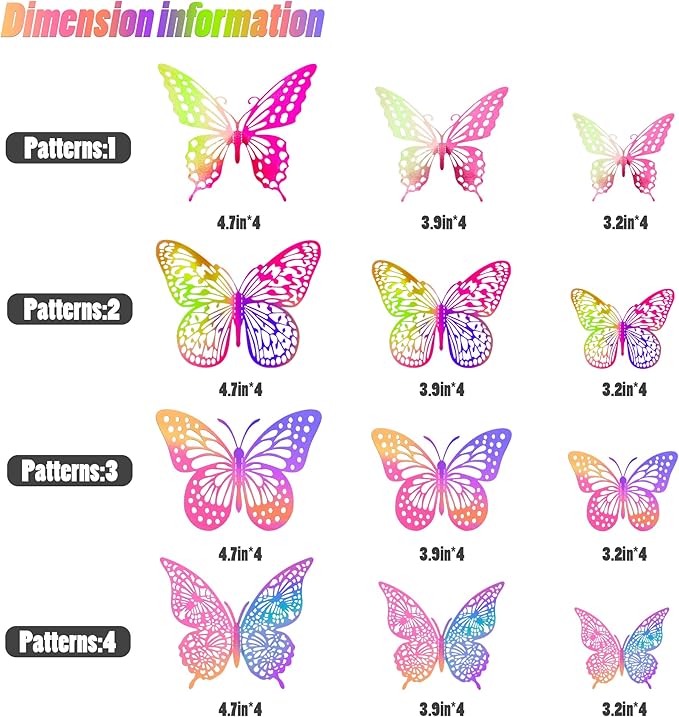 SAOROPEB 3D Butterfly Wall Decor 48 Pcs 4 Styles 3 Sizes, Purple Butterfly Decorations for Birthday Decorations Butterfly Party Decorations Cake Decorations, Removable Stickers (Laser Pinkpurple)