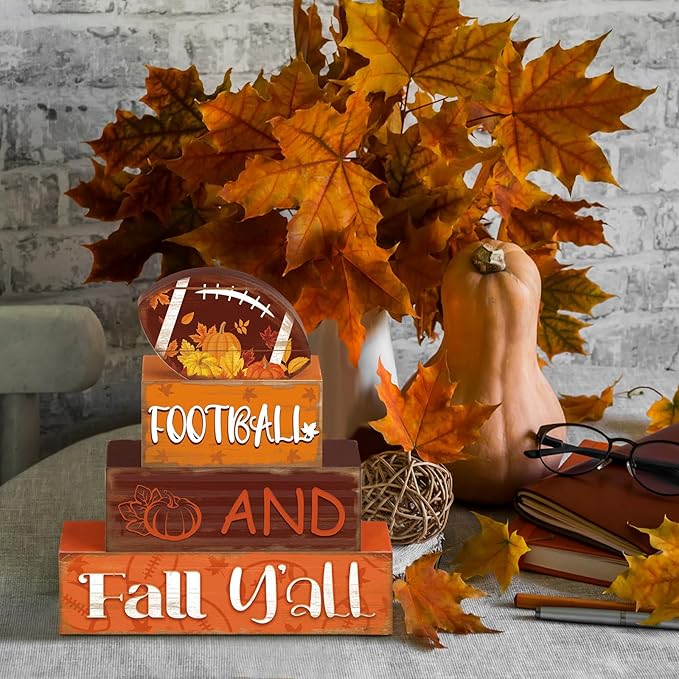 4 Pcs Fall Thanksgiving Decor for Home Football Wooden Signs with Sayings Fall Thanksgiving Tiered Tray Decor Pumpkin Football Tabletop Centerpiece Maple Leaf Block Signs for Office Kitchen Shelf