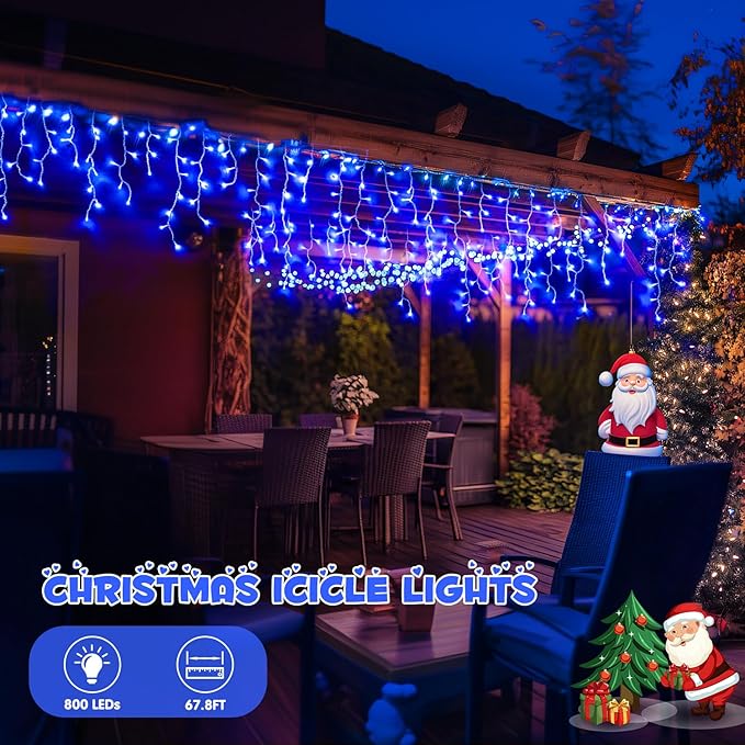 JMEXSUSS 800 LED Blue Icicle Christmas Lights Outdoor, Icicle Lights for Outside with 160 Drops, Blue Christmas String Lights Indoor Outdoor for Party Holiday Christmas Decoration