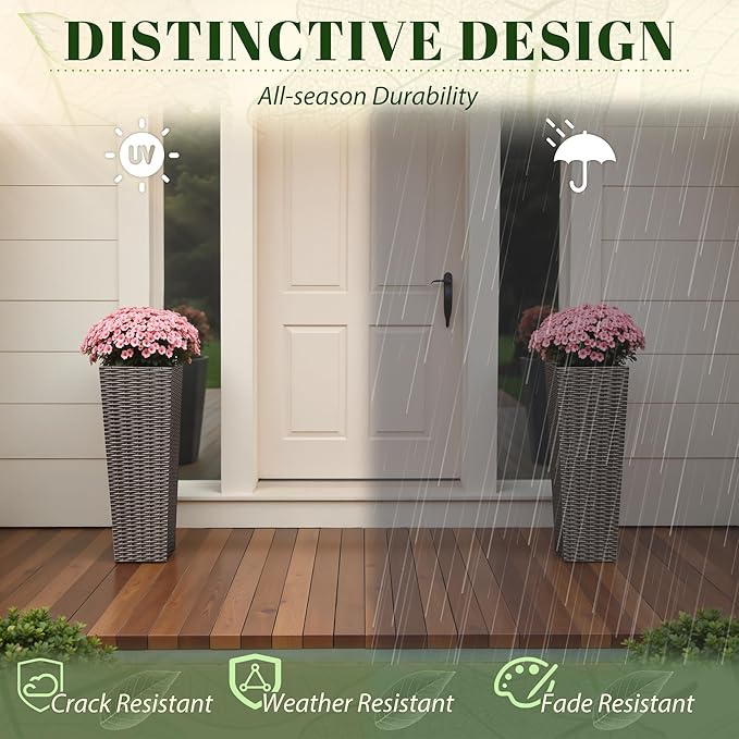 JUMMICO Set of 2 Resin Rattan Tall Planters for Outdoor Plants, Large Tapered Planters with Drainage Holes&Inner Trays, Flower Pots for Garden, Patio, Porch, Backyard (Brown, 24'')