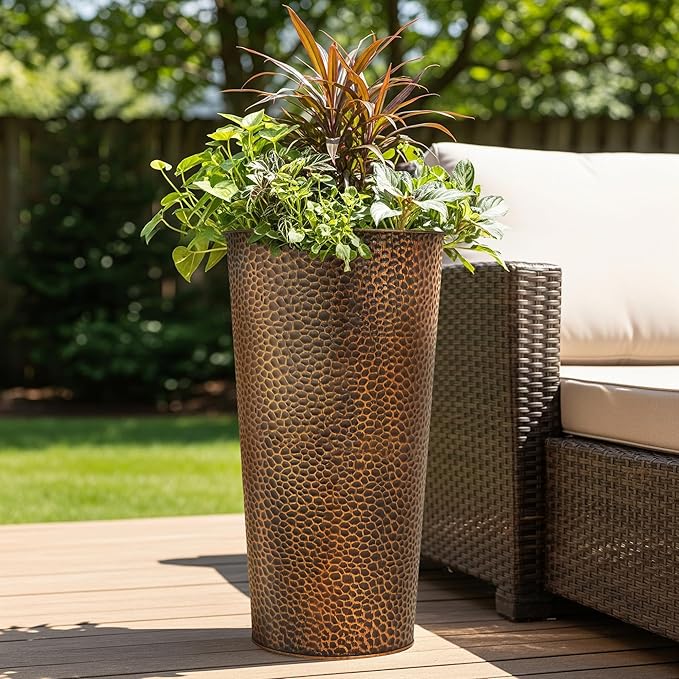 Worth Garden 2-Pack 25" H. Metal Planter with 2X Inside Pots - Hand-Hammered Texture Tall Cone Plant Pots - Large Handcrafted Black Flower Pot for Indoor Outdoor, Deck, Patio, Front Porch (Bronze)