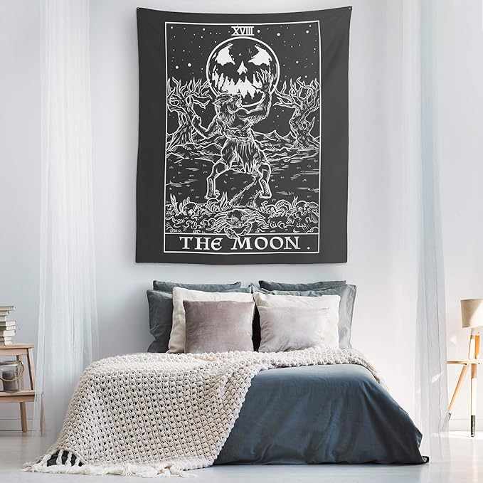 The Moon Tarot Card Tapestry (Black & White) - Werewolf - Gothic Halloween Home Decor Wall Hanging (60" x 50")