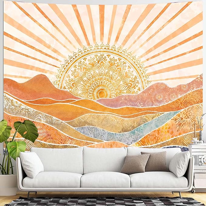 Lunerfex Bohemian Mandala Sunrise Wall Tapestry, Abstract Mountain Scenery Tapestries for Home Decor, Boho Tapestry 60x44 Inch