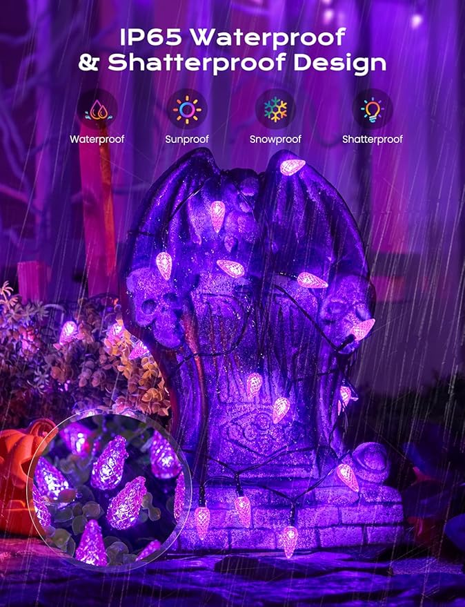 Brightown Solar Operated C6 Halloween Outdoor Lights, 22.64ft 50 LEDs Purple Halloween Lights, Strawberry LED Fairy Lights, Solar Waterproof String Light for Tree, Garden Decor Outdoor Decorations