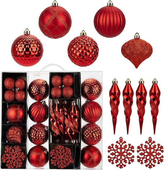 50PCS Christmas Tree Ornaments Set with Shatterproof Balls Icicle Snowflake Hanging Ornaments for Home Office Farmhouse Christmas Decorations, Red