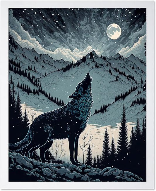 Poster Master Vintage Illustration Poster - Retro Animal Print - Gift for Artist, Friend - Wolf Howling at the Moon, Mountain, Snow, Landscape - Wall Decor for Home, Office, 8x10 White Framed