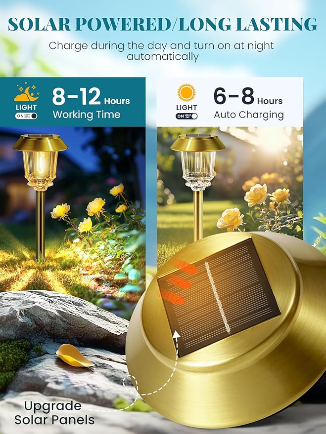 Solar Lights Outdoor Waterproof,6 Pack Gold Solar Pathway Lights with 10-40 LM Dimmable Glass and Metal, Solar Powered Garden Fall Decor for Yard,Patio,Pathway,Driveway(Warm White)