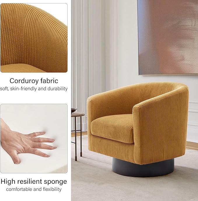 Swivel Barrel Accent Chair, Modern Round Corduroy Fabric Arm Chair for Living Room, Bedroom, Comfy Club Reading Chairs for Adults, Corduroy Orange, Set of 2