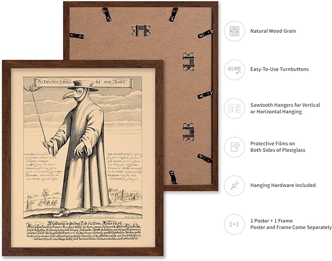 Poster Master Vintage Medieval Poster - Retro Illustration Print - Gift for Friend - Plague Doctor, Pandemic Mask, Physician, Black Death - Wall Decor for Home, Living Room, 8x10 Brown Framed