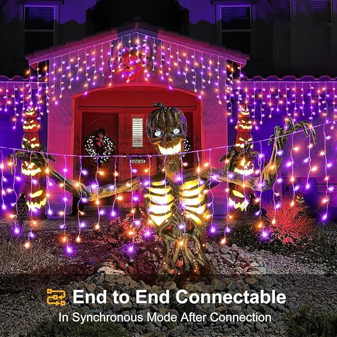 Orange and Purple Halloween Lights Outdoor Indoor, 33ft Icicle Lights for Outside 400 LED Twinkle Christmas Light with 75 Drops Clear Wire Short Curtain Light for House Party Tree Holiday Yard Decor