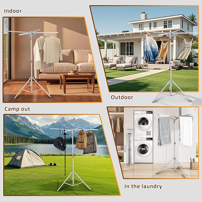 Tripod Drying Rack Height Adjustable, 2025 Upgraded Foldable Portable Standing Drying Rack,Carbon Steel Material Drying Rod, Easy to Install,Use for Indoor and Outdoor Clothes, Towel Drying