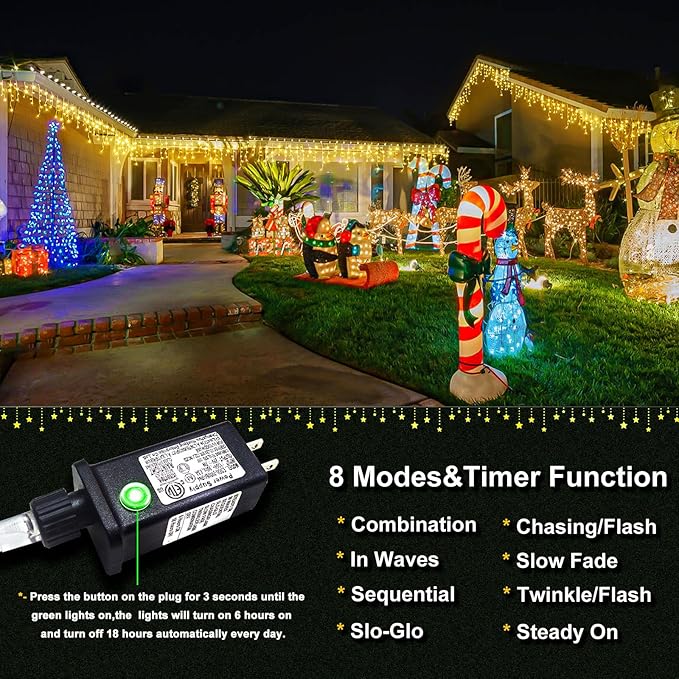 Icicle Christmas Lights Outdoor, 66ft 640 LED Icicle Lights for Outside 8 Modes with 75 Drops, Plug in Christmas Light for House Indoor Holiday Wedding Christmas Decorations, Warm White
