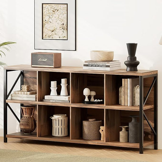 8 Cube Storage Organizer Bookshelf, Industrial Horizontal Bookcase, Accent Cubby Shelf, Media Console Table for Living Room, Home Office, 63 Inches, Light Oak