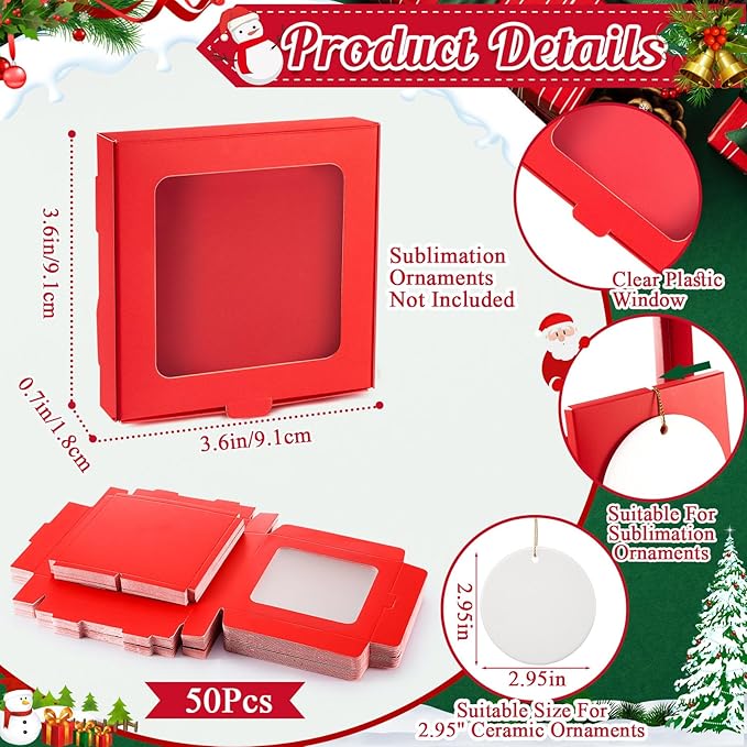 50 Pcs Sublimation Ornament Blanks Box 3.6"x3.6"x0.7" Christmas Ornaments Holder Ceramic Discs Packaging Box with Window for Personalized Xmas Tree Blanks Bulk (Red)