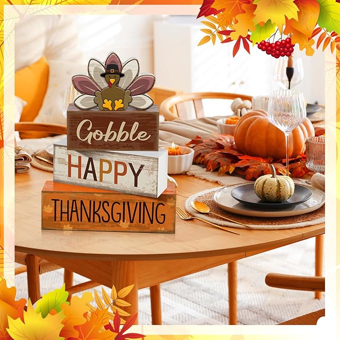 4 Pcs Fall Decorations for Home Thanksgiving Tiered Tray Decor Fall Table Decor Thanksgiving Centerpiece Rustic Wooden Turkey Block Sign for Autumn Harvest Party Table Kitchen Shelf