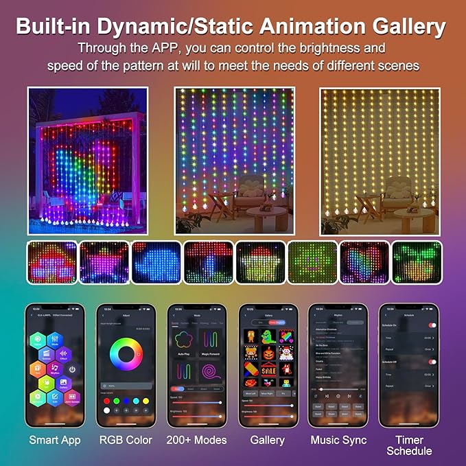 Animated Decorations Outdoor Indoor Smart Curtain String Lights Remote APP Control 3.3 x 3.3Ft 400LED RGB Color Changing Waterproof DIY Hanging Window Backdrop Fairy Light Programmable Music Sync