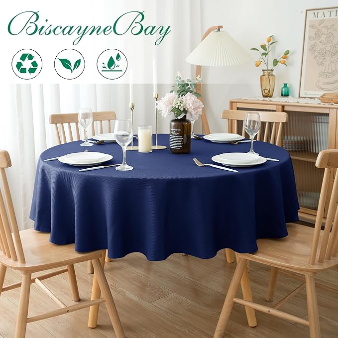 Biscaynebay Textured Fabric Round Tablecloths 70", Navy Water Resistant Table Cloth Circle Folding Table Covers for Dining, Kitchen, Wedding, Parties etc Machine Washable
