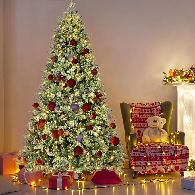 8FT Pre-Lit Artificial Christmas Tree with 2748 PE&PVC Mixed Branch Tips, 600 Warm White Lights, Hinged Premium Spruce Fake Xmas Trees, Green, Foldable Base