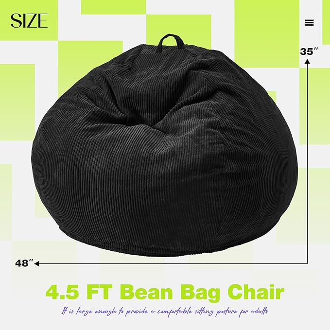 Hobestluk 4.5FT Bean Bag Chair Giant Bean Bag Chair with Filler Included Adult Bean Bag Chairs with Removable Cover for Bedroom Living Room - (Jumbo, Black)
