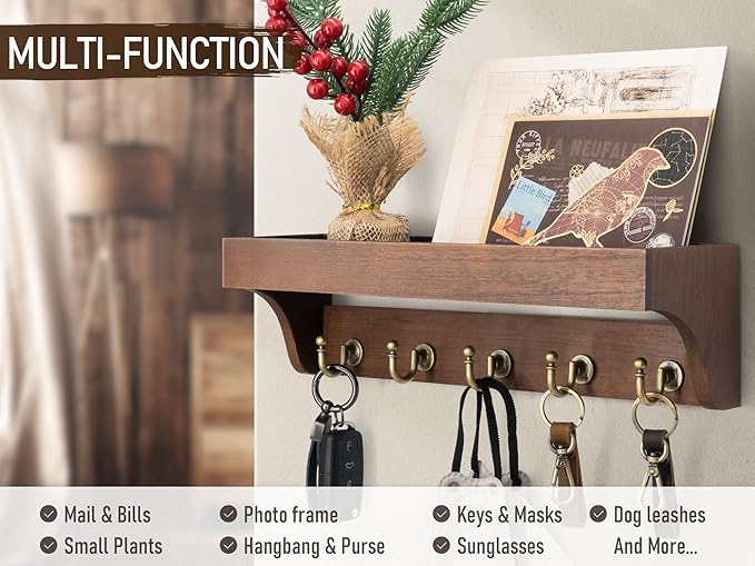 Rebee Vision Farmhouse Key Holder for Wall - Decorative Wooden Mail Organizer with 5 Rustic Key Hooks and Floating Shelf for Home Decor, Hallway, Entryway, Appartment (Retro Brown)