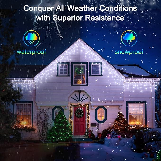 60FT 612 LED Outdoor Christmas Lights - 136 Ice Drops, 12 Pro Modes with Timer Memory & Brightness, Waterproof Hanging Ice String Light for Holiday Wedding Garden Fence House Decor (Cool White)