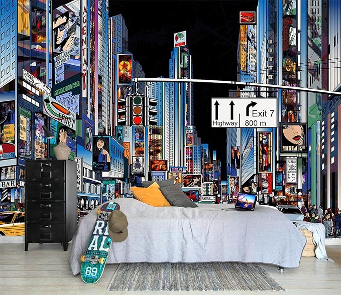AFZEVEB-Hand-Painted New York City Wallpaper Wall murals for Bathroom 114"x74" (Not Peel and Stick)