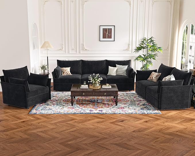 134.6" Modular Sectional Sofa, Oversized 4 Seater Couch with Removable Black Chenille Fabric Cover, Deep Seat & High Backrest for Living Room, Office & Apartment