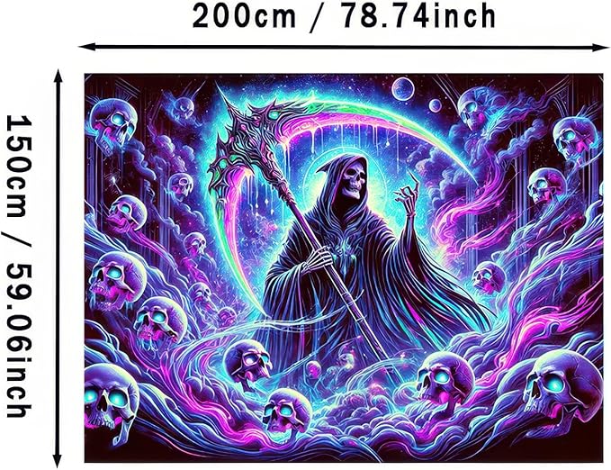 BlissYard Blacklight Skull Tapestry UV Reactive Tapestry 78x59 Inch Grim Reaper Gothic Skeleton Wall Tapestry Glowing Tapestry Large Neon Tapestry Wall Hanging for Living Room Bedroom Decor Teens