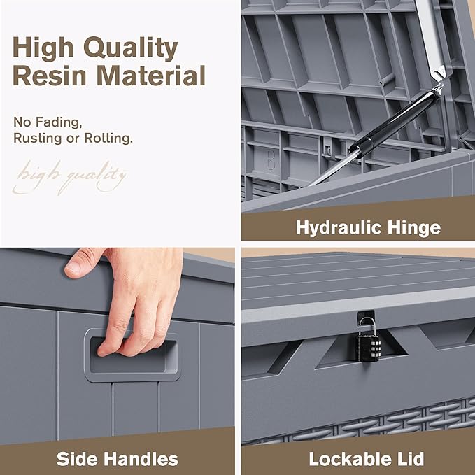 JUMMICO 100 Gallon Resin Deck Box, Waterproof Outdoor Storage Box with Lockable Lid for Garden Tools, Patio Cushions (Gray)