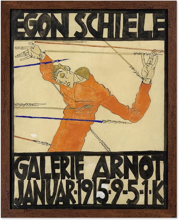 Poster Master Vintage Painting Poster - Retro Expressionism Print - Self Portrait as the Martyred St Sebastian - Gift for Artist, Friend - Wall Decor for Home, Office, 8x10 Brown Framed