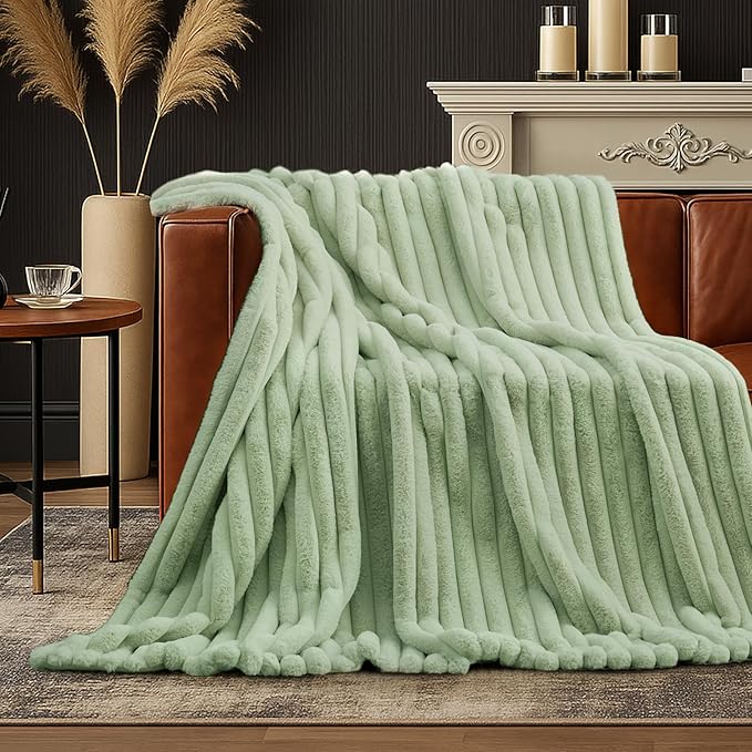 Amélie Home Faux Fur Throw Blanket for Couch, Cozy Fuzzy Fluffy Fur Luxurious Soft Striped Plush Gift Blankets for Family Sofa Chair Bed Living Room Bedroom, 55"x70", Sage Green