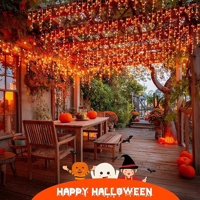 JMEXSUSS Orange Halloween Lights Outdoor, 38.8 FT 400 LED Orange Icicle Lights Outdoor Waterproof, 8 Modes String Light Plug in for Fireplace Tree Garden Patio Thanksgiving Fall Halloween Decor
