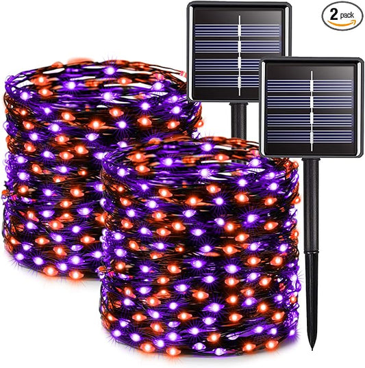 JMEXSUSS 2 Pack Solar Halloween Lights Outdoor Waterproof, Total 66FT 200 LED Orange and Purple Halloween Lights, 8 Mode Black Wire Solar Fairy String Light for Outside Yard Spooky Party Decorations