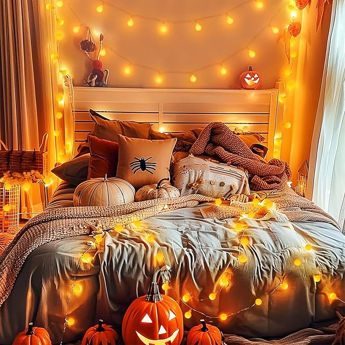 JMEXSUSS Orange String Lights Indoor, Connectable 100 LED Globe String Lights Plug in with Remote, 33ft 8 Modes Orange Halloween Lights Outdoor for Bedroom Thanksgiving Party Halloween Decor
