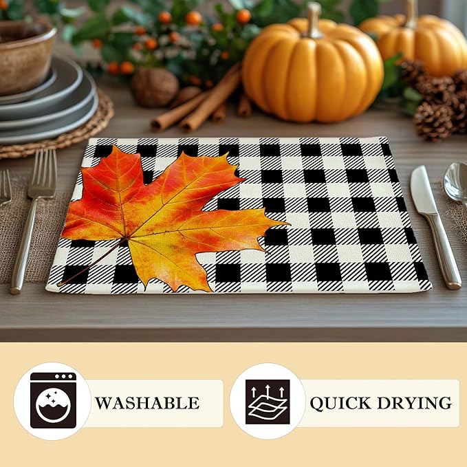Hello Fall Placemats Set of 4, 12x18 Inch Maple Leaves Buffalo Plaid Table Mats, Washable Heat Resistant Place Mats for Kitchen Dining Table, Autumn Home Farmhouse Decor-B01