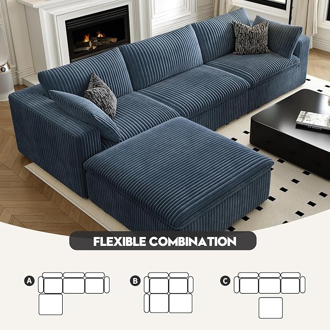 118" Cloud Couch Modular Sectional Sofa for Living Room,Modern Sofa with Deep Seat，L-Shape Boneless Couch with Ottoman,Comfy Upholstered Corduroy Couches for Apartment, Studio, Office,Bedroom，Blue