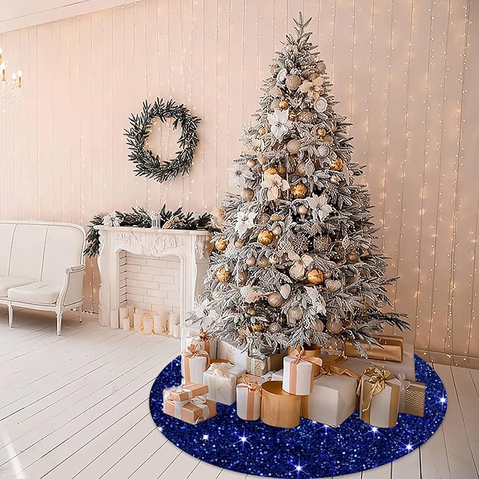 MODFUNS Sequin Tree Skirt Royal Blue Christmas Tree Skirt 60 Inch Velvet Fabric Large Xmas Tree Mat Glitter Tree Skirts Luxury Christmas Tree Skirts Sparkly Tree Cover Skirt Xmas Holiday Decor