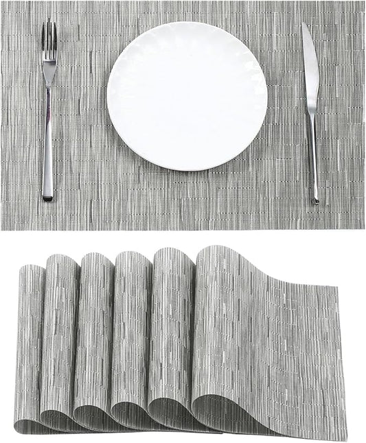 Leetaltree Silver Placemats Set of 6 - Heat Resistant Non-Slip Place mats for Dining Table, Washable Durable PVC Vinyl Woven Table Mats（Silver, 6）