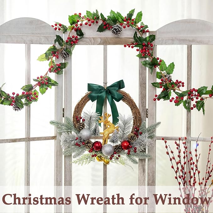 Christmas Door Wreath Lighted Xmas Wreaths - Walasis Winter Wreaths for Front Door Decor Outside Flocked Christmas Wreath Hanging with Lights for Wall