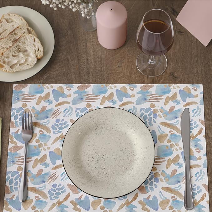 Blue and Brown Placemats Set of 4, Watercolor Table Mat for Home Kitchen, Restaurants, Outdoor Linen Washable Place Mats 12x18 inch Party Event Dining Decoration-07