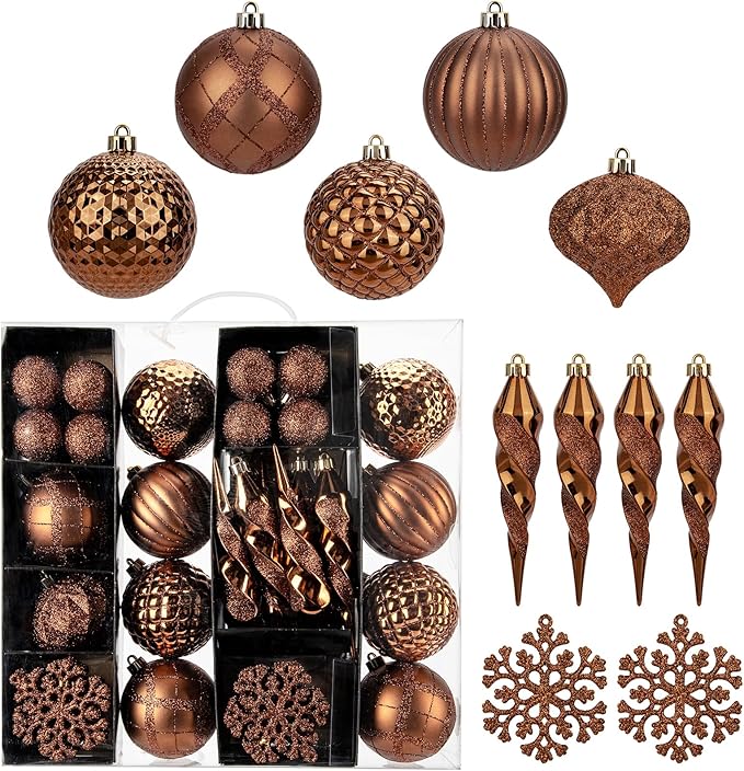 50PCS Christmas Tree Ornaments Set with Shatterproof Christmas Balls Icicle Snowflake Hanging Ornaments for Home Office Farmhouse Christmas Decorations, Bronze