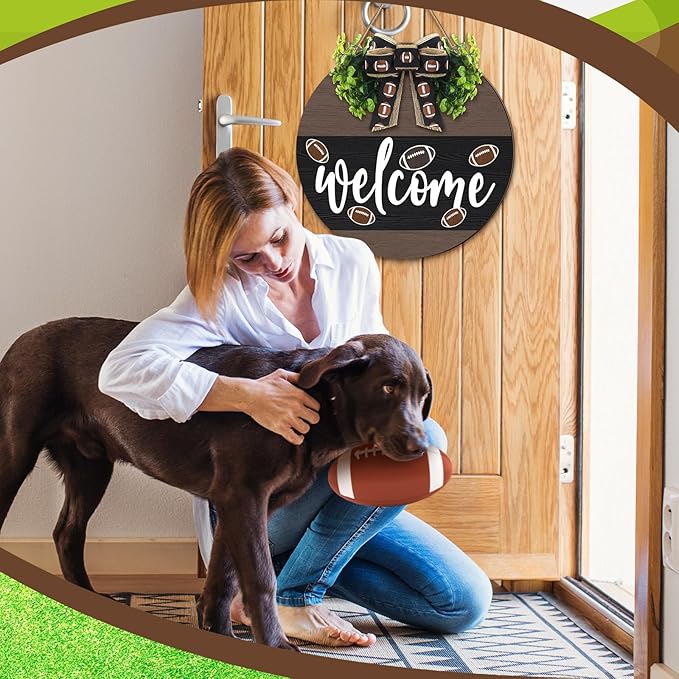 Hello Fall Football Sign for Front Door Thanksgiving Wooden Hanging Sign Fall Welcome Wreaths with Bow Turkey Farmhouse Wall Decoration for Home Autumn Harvest Front Porch Decor(Football)