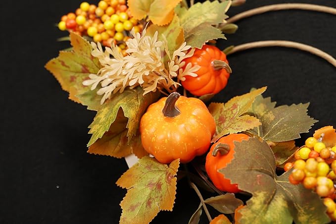 Fall Wreaths for Front Door, Autumn Wreath with Pumpkins, Berries and Leaves for Indoor Outdoor Porch Thanksgiving Farmhouse Harvest Halloween Home Décor (Orange Pumpkin)