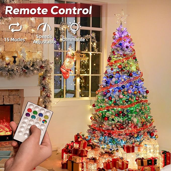 7.5ft Lighted Snow Flocked Christmas Tree with Remote Control, 450 Multi-Color RGB Lights, 1446 PVC Branch Tips, 15 Mode Artificial Hinged Christmas Tree for Home