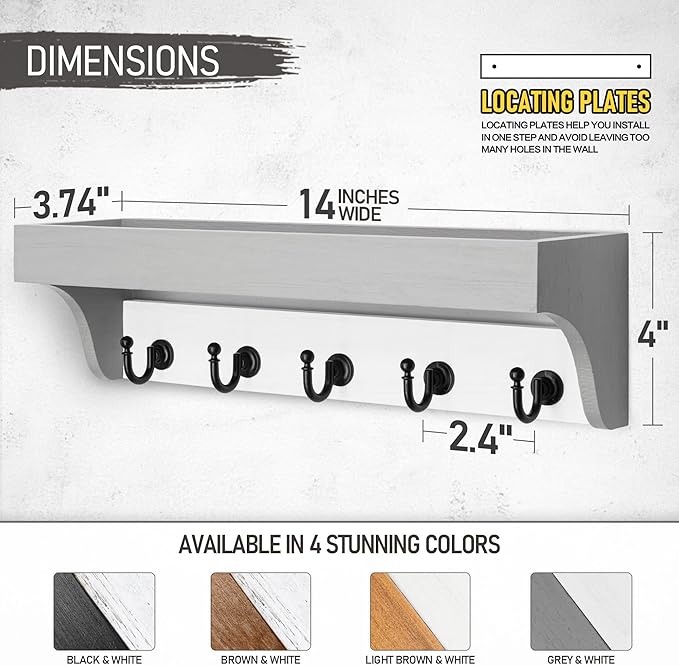 Rebee Vision Key Holder with Mail Organizer Wall Mount - Decorative Home Essentials for Key Rack with 5 Rustic Keys Hooks - Modern House Decor for Entryway (Gray & White)