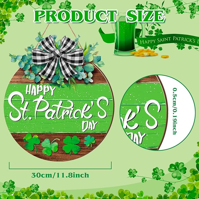 Boao St. Patrick's Day Shamrock Door Wreath Wooden Hanging Decor Farmhouse Rustic Door Decoration St. Patrick's Day Wreath Sign with Bow Ornament for Irish Home Indoor Holiday Outdoor Farmhouse Window