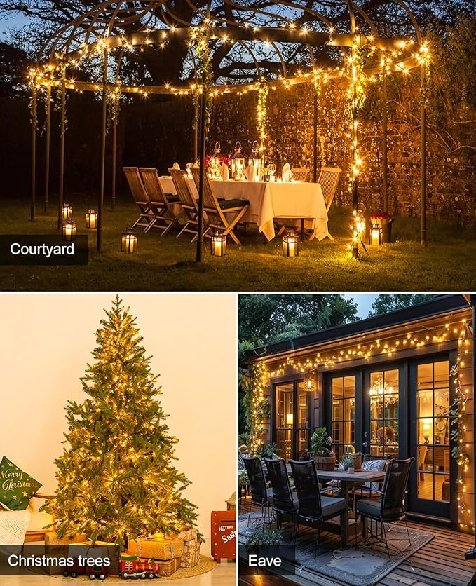 40FT 120 LED Christmas Lights Outdoor, Warm White Christmas Tree Lights with 8 Modes & Waterproof, Connectable Plug in String Light for Indoor Bedroom Yard Party Wedding Decorations