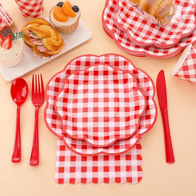 175 Pcs Red Gingham Plates and Napkins Party Supplies - Red and White Checkered Plates Sets Serve 25 Guests - Scalloped Gingham Paper Plate for Birthday Picnic BBQ Christmas Party Decorations