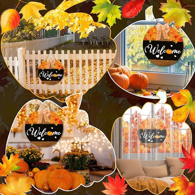Hello Fall Door Sign Thanksgiving Wooden Welcome Sign Fall Welcome Wreaths with Bow Maple Pumpkin Door Hanger Farmhouse Wall Decoration for Home Autumn Harvest Front Porch Decor